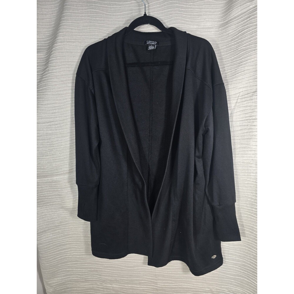 Tahari Sports Cardigan Womens Large Black Open Front Drape Thin Cardigan